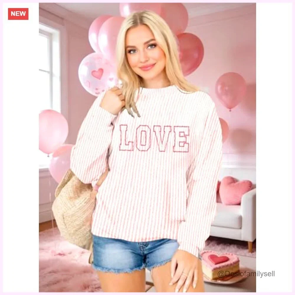 Love Embroidered Sweatshirt Women's Lightweight Pullover Valentine Casual Top